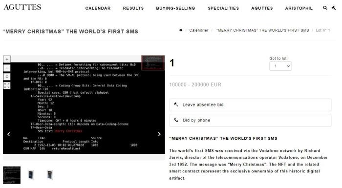 法國阿古特拍賣行網站上，世界第一條短信的拍賣信息。圖片來源：阿古特拍賣行網站截圖