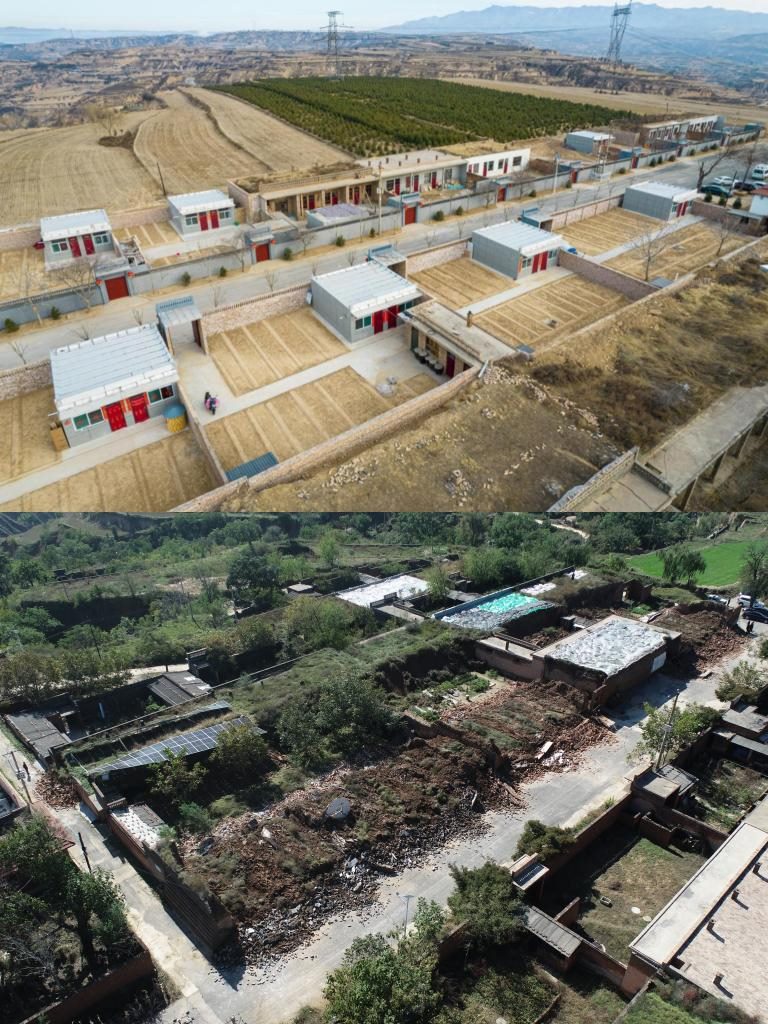 拼版照片，上圖是2022年1月山西省霍州市師莊鄉(xiāng)馮南垣村災(zāi)后恢復(fù)重建后的場景，下圖是2021年10月村莊因災(zāi)受損的場景。(霍州市委宣傳部供圖)