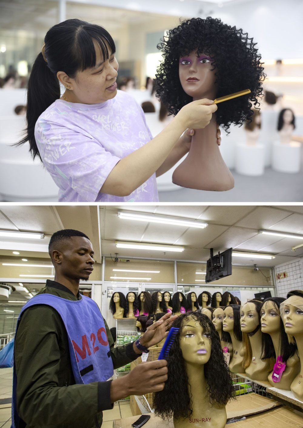 拼版照片：上圖為2023年5月25日，工人在湖南邵陽陽光發(fā)品有限公司展廳展示假發(fā)（新華社記者薛宇舸攝）；下圖為2023年6月9日，一名店員在湖南邵陽陽光發(fā)品有限公司位于南非約翰內(nèi)斯堡的店鋪內(nèi)展示假發(fā)（新華社記者張譽(yù)東攝）。新華社發(fā)