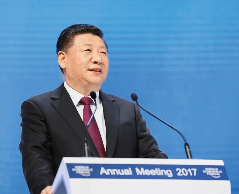 2017年1月17日，習(xí)近平主席在瑞士達(dá)沃斯國(guó)際會(huì)議中心出席世界經(jīng)濟(jì)論壇2017年年會(huì)開(kāi)幕式，并發(fā)表題為《共擔(dān)時(shí)代責(zé)任 共促全球發(fā)展》的主旨演講。