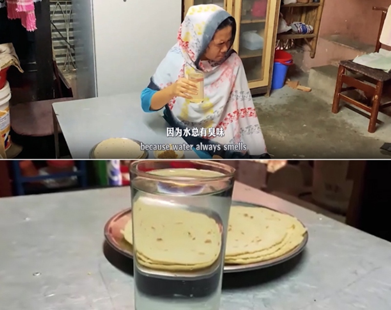 圖為紀實短片截圖：上圖為水質(zhì)未改善前，飲用水發(fā)黃渾濁；下圖為水廠建成后，飲用水水質(zhì)明顯改善，清澈透明。