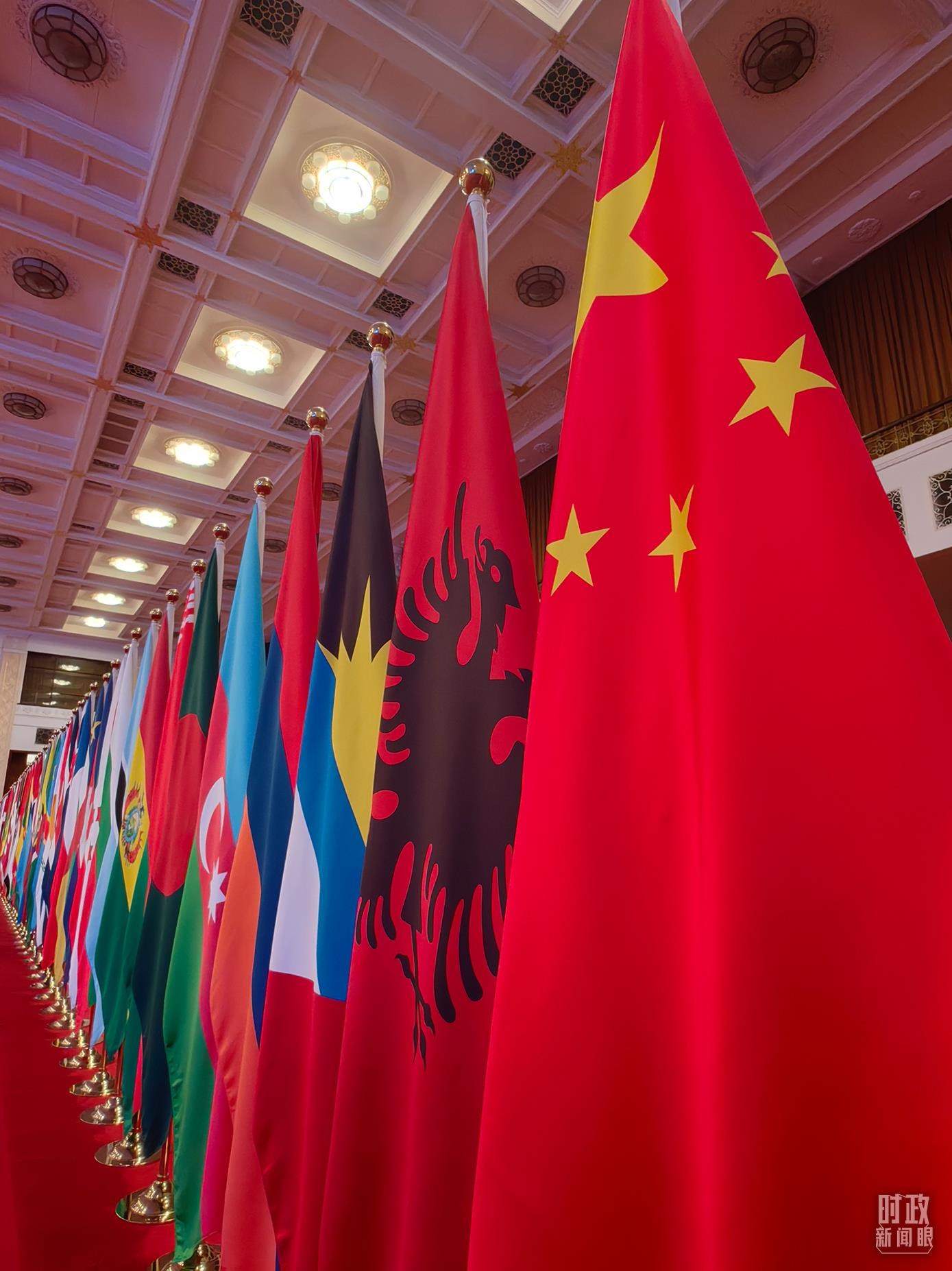 △開幕式會場內(nèi)整齊排列的旗幟。（總臺央視記者楊波拍攝）