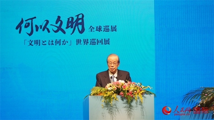 日本前首相福田康夫致辭。人民網(wǎng) 蔣曉辰攝