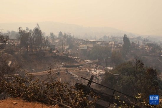 這是2月3日在智利瓦爾帕萊索大區(qū)比尼亞德爾馬市拍攝的在森林火災(zāi)中燒毀的房屋。新華社發(fā)