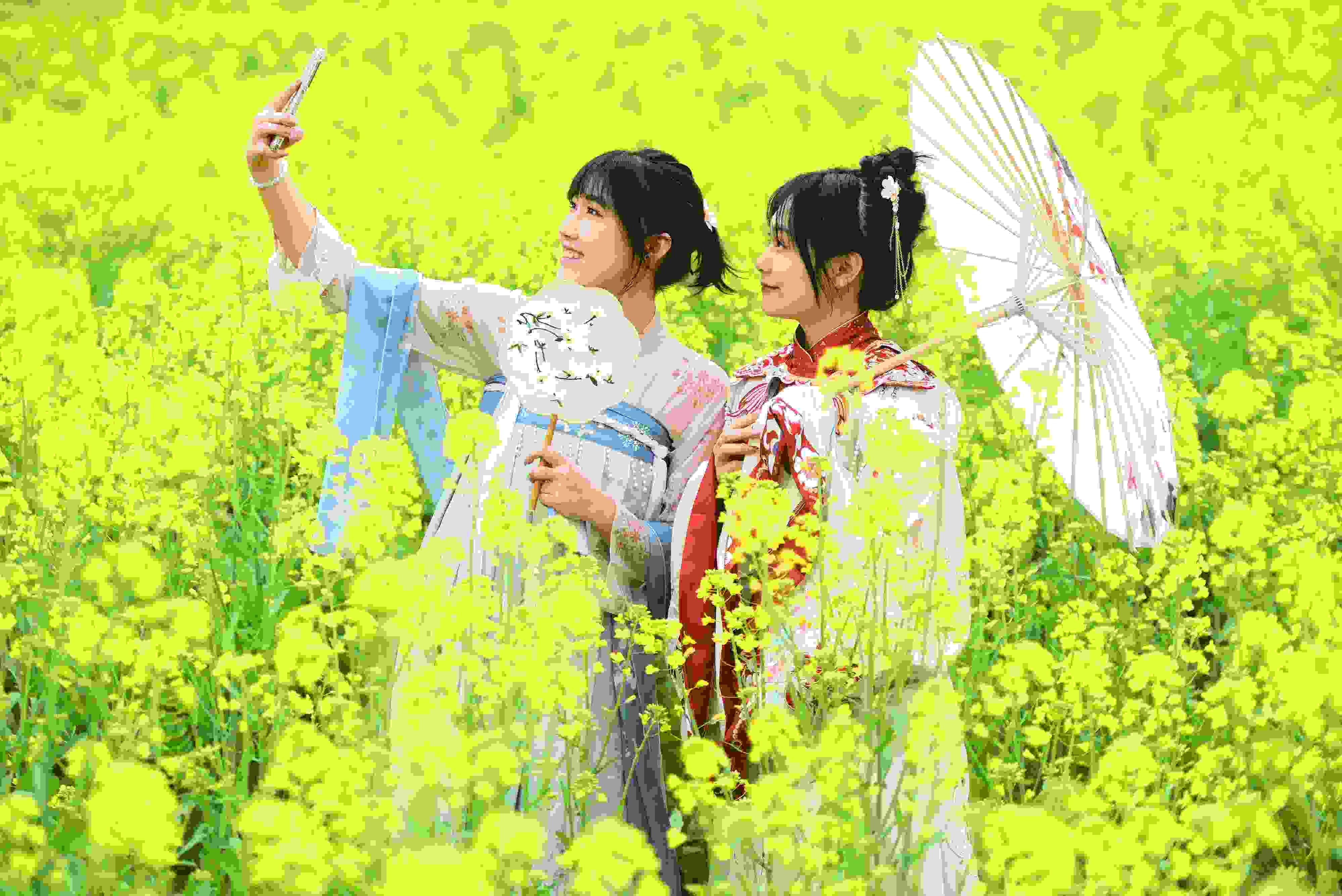 △ 2024年2月16日，廣西賀州，在富川瑤族自治縣麥嶺鎮(zhèn)三民村，游客在油菜花田間賞花拍照。