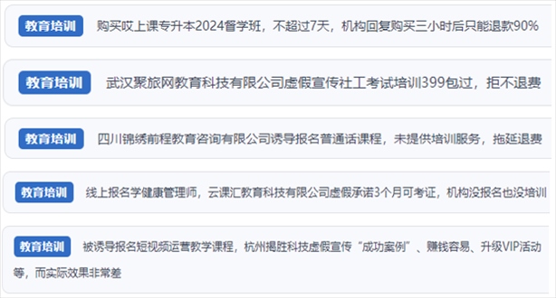 “人民投訴”用戶舉報機(jī)構(gòu)虛假宣傳包過包拿證、虛假承諾收益效果、課程服務(wù)貨不對板、退款難等在線教培亂象。（“人民投訴”平臺截圖）