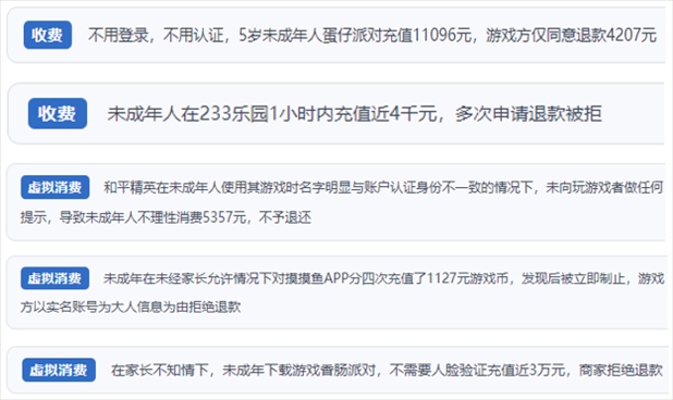“人民投訴”用戶舉報身份認(rèn)證成擺設(shè)、大額充值無提醒、提供證據(jù)被駁回、商家設(shè)置退款障礙等未成年人網(wǎng)游消費(fèi)亂象。（“人民投訴”平臺截圖）
