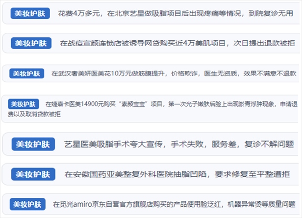 “人民投訴”用戶舉報醫(yī)美未達(dá)預(yù)期效果或?qū)е律眢w損傷退款遭拒、機(jī)構(gòu)及服務(wù)人員虛假資質(zhì)、被誘導(dǎo)高額醫(yī)美貸、網(wǎng)購美容儀器質(zhì)量不過關(guān)等問題。（“人民投訴”平臺截圖）