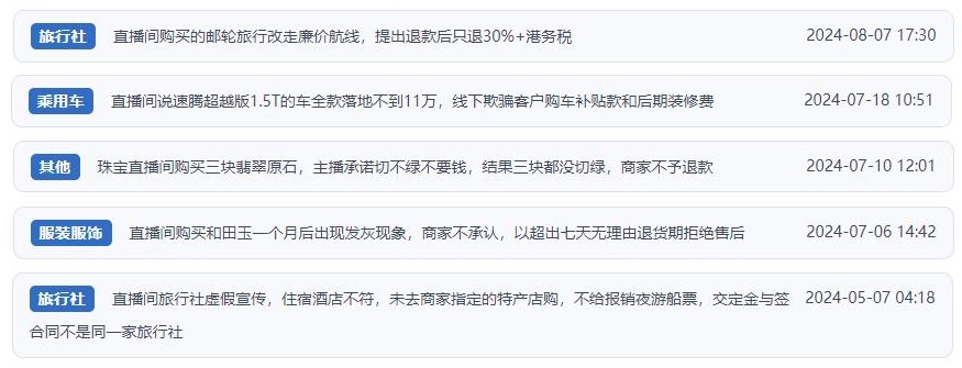 近期網(wǎng)友涉及直播購(gòu)物相關(guān)投訴問(wèn)題。（“人民投訴”用戶(hù)投訴截圖）