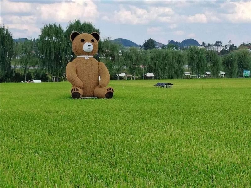 稻穗搖曳，垂柳依依，山嵐多姿，好一幅歲月靜好山鄉(xiāng)恬靜圖。這憨厚俏皮的熊玩偶造型，像是亂入其中，形成現(xiàn)代與傳統(tǒng)、好動(dòng)與寧靜的反差感，讓人過目不忘，也讓人莞爾一笑。（哈薩克斯坦鳳凰24新聞社總編輯兼首席執(zhí)行官克馬爾·馬山羅攝）