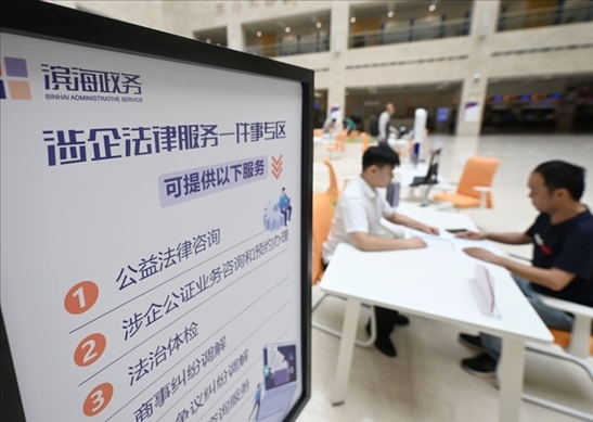 在天津?yàn)I海新區(qū)政務(wù)服務(wù)中心，工作人員在“涉企法律服務(wù)一件事”專區(qū)為市民提供服務(wù)（2024年7月31日攝）。新華社記者 趙子碩 攝