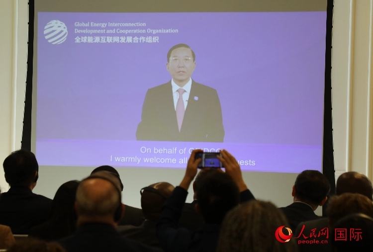 全球能源互聯(lián)網(wǎng)發(fā)展合作組織主席、中國電力企業(yè)聯(lián)合會理事長辛保安通過視頻方式致辭。人民網(wǎng)記者 李志偉攝