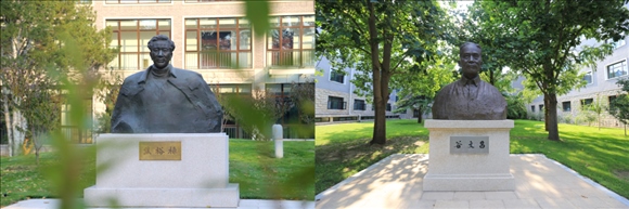 拼版照片：左圖為中央黨校（國家行政學(xué)院）校園內(nèi)的焦裕祿雕塑；右圖為中央黨校（國家行政學(xué)院）校園內(nèi)的谷文昌雕塑。
