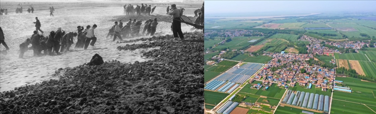 拼版照片：左圖為蘭考群眾在拉淤土壓沙（新華社記者 鄧歷耕 攝）；右圖為2024年4月25日拍攝的蘭考縣張莊村（無人機照片，新華社記者 郝源 攝）。