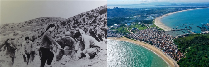 拼版照片：左圖為東山縣群眾在荒山上種植樹苗（資料照片）；右圖為2020年6月18日拍攝的東山縣陳城鎮(zhèn)澳角村附近風(fēng)光（無人機照片，新華社記者 姜克紅 攝）。