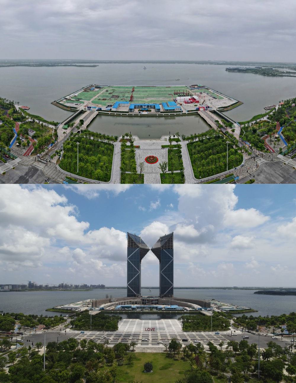 拼版照片：空中俯瞰中國（上海）自由貿易試驗區(qū)臨港新片區(qū)滴水湖西島中銀金融中心項目現(xiàn)場（上圖為2021年6月20日攝，無人機照片；下圖為2024年8月14日攝，無人機照片）。2019年8月20日，臨港新片區(qū)揭牌成立，一個開放新高地在長江與東海交匯處日益崛起。