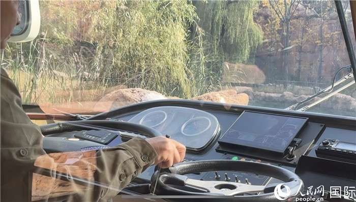 鄭州銀基動(dòng)物王國水陸兩棲觀光車駕駛室。人民網(wǎng) 謝瑩攝