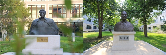△左圖為中央黨校（國(guó)家行政學(xué)院）校園內(nèi)的焦裕祿雕塑，右圖為校園內(nèi)的谷文昌雕塑。