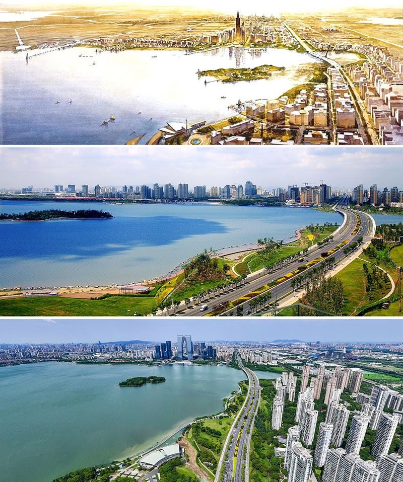 拼版照片：上圖為1994年繪制的蘇州工業(yè)園區(qū)手繪規(guī)劃圖；中圖為2007年拍攝的蘇州工業(yè)園區(qū)；下圖為2023年7月4日用無(wú)人機(jī)拍攝的蘇州工業(yè)園區(qū)。