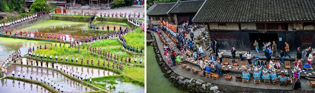 左圖：近期，人們?cè)诶杵娇h肇興侗寨的田園里演唱侗族大歌（黎平縣委宣傳部供圖）；右圖：這是2023年拍攝的十八洞村長(zhǎng)桌宴（湘西州委宣傳部供圖）。