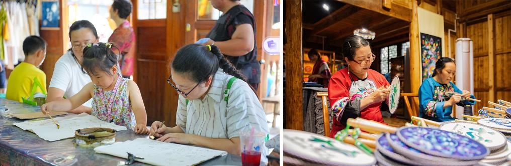 左圖：近期，游客在黎平縣肇興侗寨體驗(yàn)非遺蠟染藝術(shù)（黎平縣委宣傳部供圖）；右圖：這是2024年拍攝的繡娘在十八洞村梨子寨苗繡鄉(xiāng)村振興示范基地制作苗繡產(chǎn)品（湘西州委宣傳部供圖）。