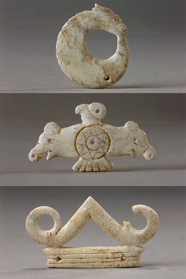 玉龍（上）、玉鷹（中）和玉冠飾（下）。國家文物局供圖