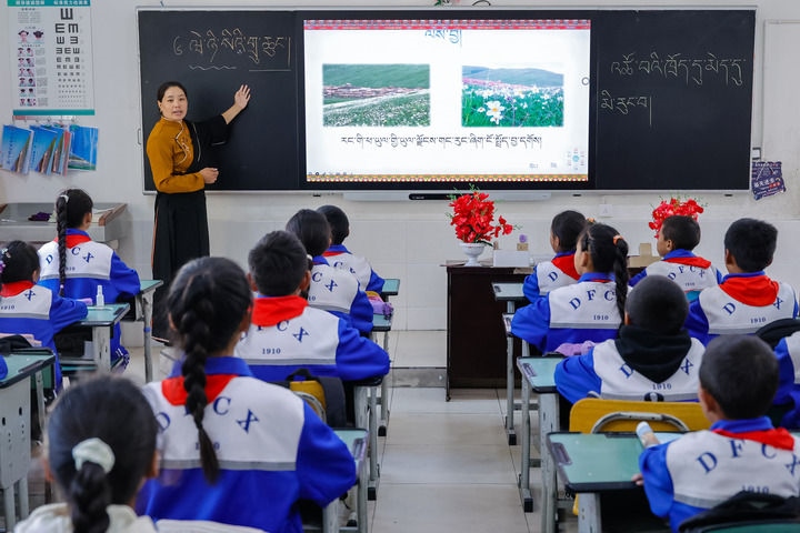 2024年9月27日，在四川省甘孜藏族自治州道孚縣城關第一完全小學，采取“藏加模式”教學的五年級一班的藏語文課上，準木周老師指導藏族學生以家鄉(xiāng)草原風物為主題寫作藏語文作文。新華社記者 沈伯韓 攝