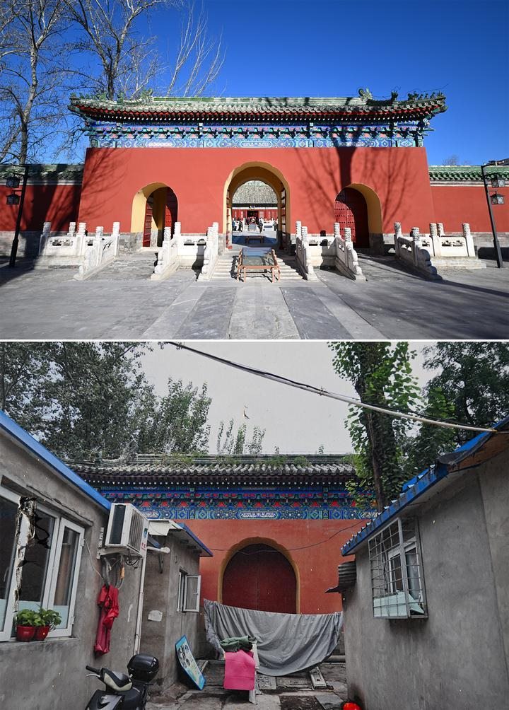 位于先農(nóng)壇內(nèi)的慶成宮，曾長時間被雜亂的民居占據(jù)。在北京中軸線申遺保護(hù)工作的帶動下，北京完成了慶成宮區(qū)域文物征收騰退、非文物建筑拆除、彩畫保護(hù)、本體修繕、展覽布陳等，讓560多年歷史的古建群重新回歸。2024年12月，北京中軸線上先農(nóng)壇內(nèi)的慶成宮首次面向社會公眾開放。上圖為騰退修繕后的慶成宮內(nèi)宮門（資料照片）；下圖為翻拍的慶成宮內(nèi)宮門騰退修繕前的資料照片（2024年12月21日攝）。